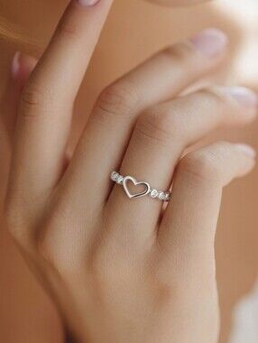 Sterling Silver Open Heart Outline Ring – Pavé CZ Dainty Love Valentine Gift